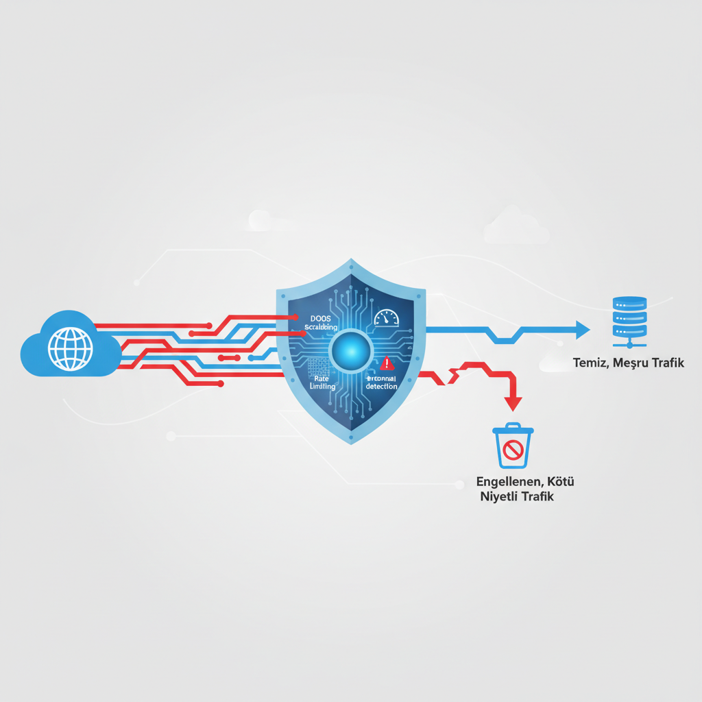 DDoS koruma sistemi, kötü niyetli trafiği filtreleyip meşru trafiği yönlendiriyor.