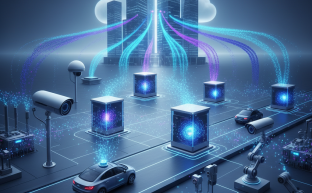 IoT cihazlarından Edge sunucularına veri akışını gösteren dijital ağ.