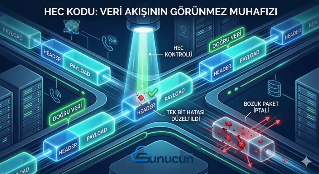 HEC kodu çalışma mantığını ve veri paketlerindeki başlık hata kontrolünü gösteren şema.