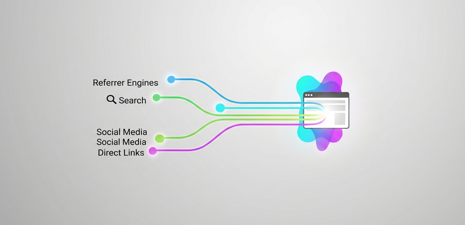 Conceptual flow of website visitor sources. Traffic Analysis involves identifying where visitors come from, such as search or social media.