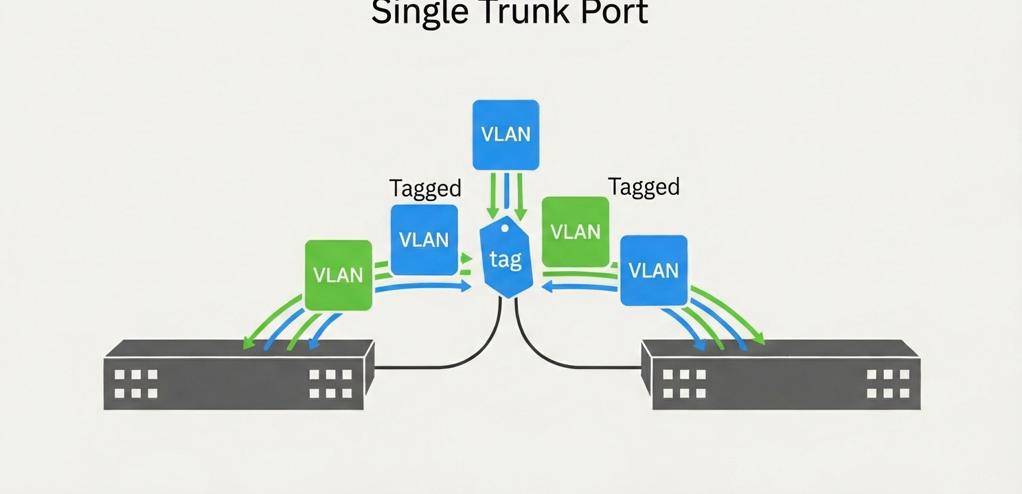 VLAN Yapılandırması ile trunk portları, birden fazla ağ trafiğini tek bağlantı üzerinden etiketleyerek taşır.