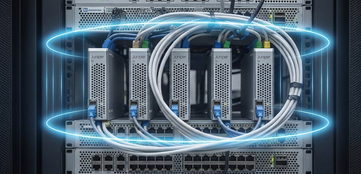 Juniper QFX5100 Yapılandırma sürecinde Virtual Chassis teknolojisi ile birden fazla cihaz tek birim olarak yönetilebilir.