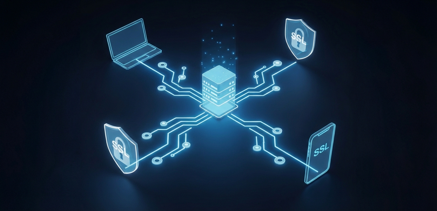 E-posta Hesapları verilerini koruyan şifreli bağlantıların ve sunucu güvenliğinin temsili.