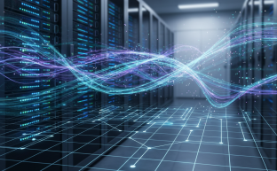 Abstract server rack with digital data flow, symbolizing control panel installation.