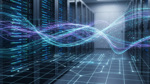 Abstract server rack with digital data flow, symbolizing control panel installation.