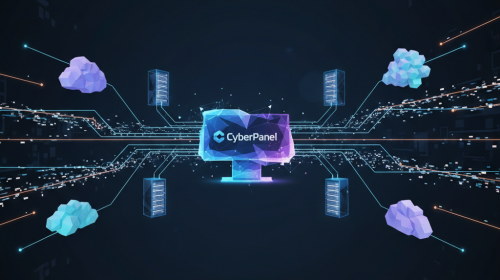 Abstract visualization of CyberPanel connecting to multiple hosting servers with data flow.