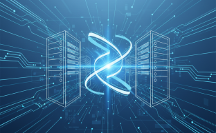 Modern server rafları, dijital veri akışları ve web sunucusu kontrol paneli temsili.