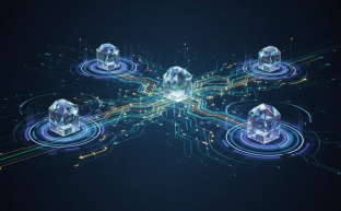 Abstract digital representation of database management, security, and data flow in a server.