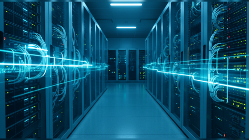 Mavi ışıkla aydınlatılmış modern veri merkezi sunucu rafları ve ağ switchleri