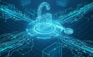 Abstract server environment with a digital lock being opened to regain access.