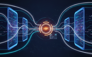 Abstract digital visualization of automated server configuration and central management via panel.