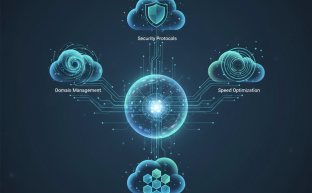 Abstract digital control panel managing web hosting services and interconnected systems.