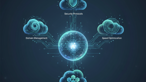 Abstract digital control panel managing web hosting services and interconnected systems.