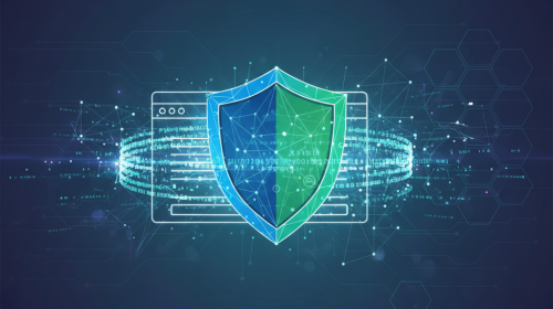 Digital illustration of secure website connection with an abstract lock and data shield.