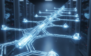 Glowing digital network lines representing multicast data streams splitting efficiently