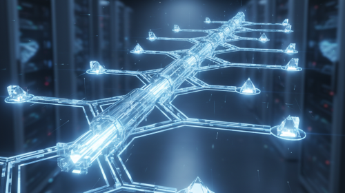 Glowing digital network lines representing multicast data streams splitting efficiently