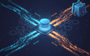 Digital representation of MySQL database data being backed up and restored securely.