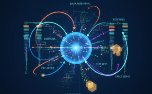 Abstract digital visualization of database query techniques, showing data flow and connections.