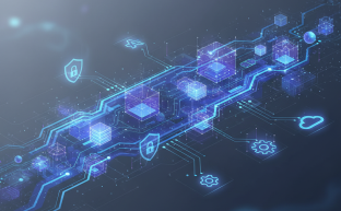 Abstract visualization of MySQL's core functions: data management, performance, scalability, and security.