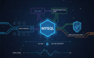 MySQL veritabanı kayıtlarının UPDATE komutu ile güncellenmesini gösteren soyut diyagram.
