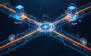 Abstract servers with glowing connections, representing web server optimization and security.