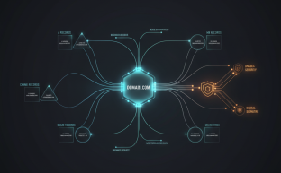 Abstract digital network interface showing DNS settings and data connections.