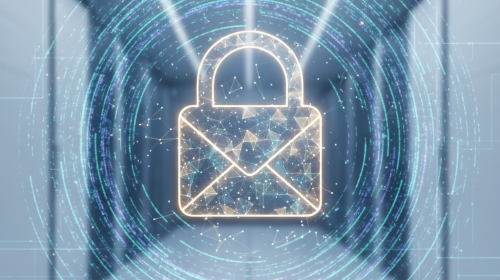 Abstract visualization of secure email, encrypted data, and efficient webmail management.