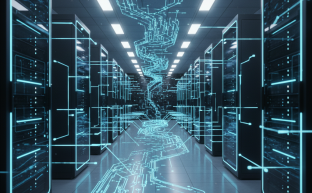 Illuminated server racks in a modern data center facility