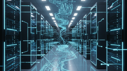 Illuminated server racks in a modern data center facility