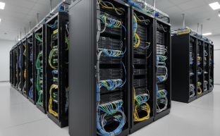 Rows of server racks with network switches and cabling