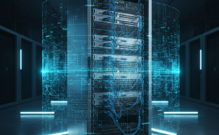 Modern network switches in server rack with abstract security barrier visualization