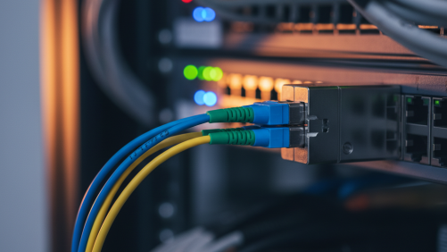 Close-up view of SFP module hardware connecting to network cables