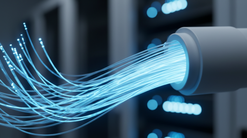 Close-up view of illuminated fiber optic cable strands glowing blue