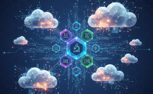 Abstract digital illustration of interconnected virtual lab environments and cloud technology.