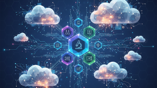 Abstract digital illustration of interconnected virtual lab environments and cloud technology.