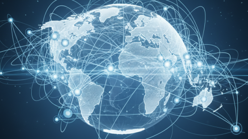 Digital illustration showing interconnected network nodes and data routing paths