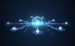 Abstract visualization of a central hub managing interconnected cloud services and data streams.
