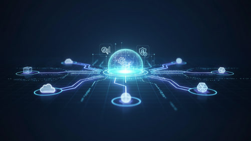 Abstract visualization of a central hub managing interconnected cloud services and data streams.