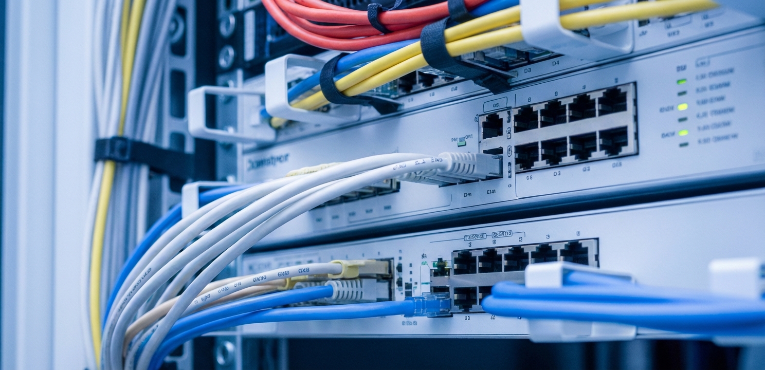 Juniper Switch installation involves secure placement within a rack and organized cable management.