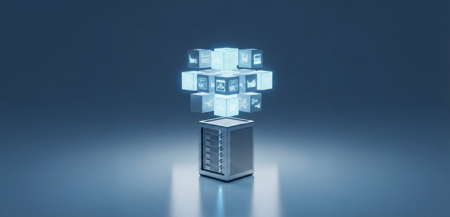 Single physical server hosting multiple virtual machines Server Concentration Technologies optimize resource utilization by combining workloads onto fewer powerful machines.