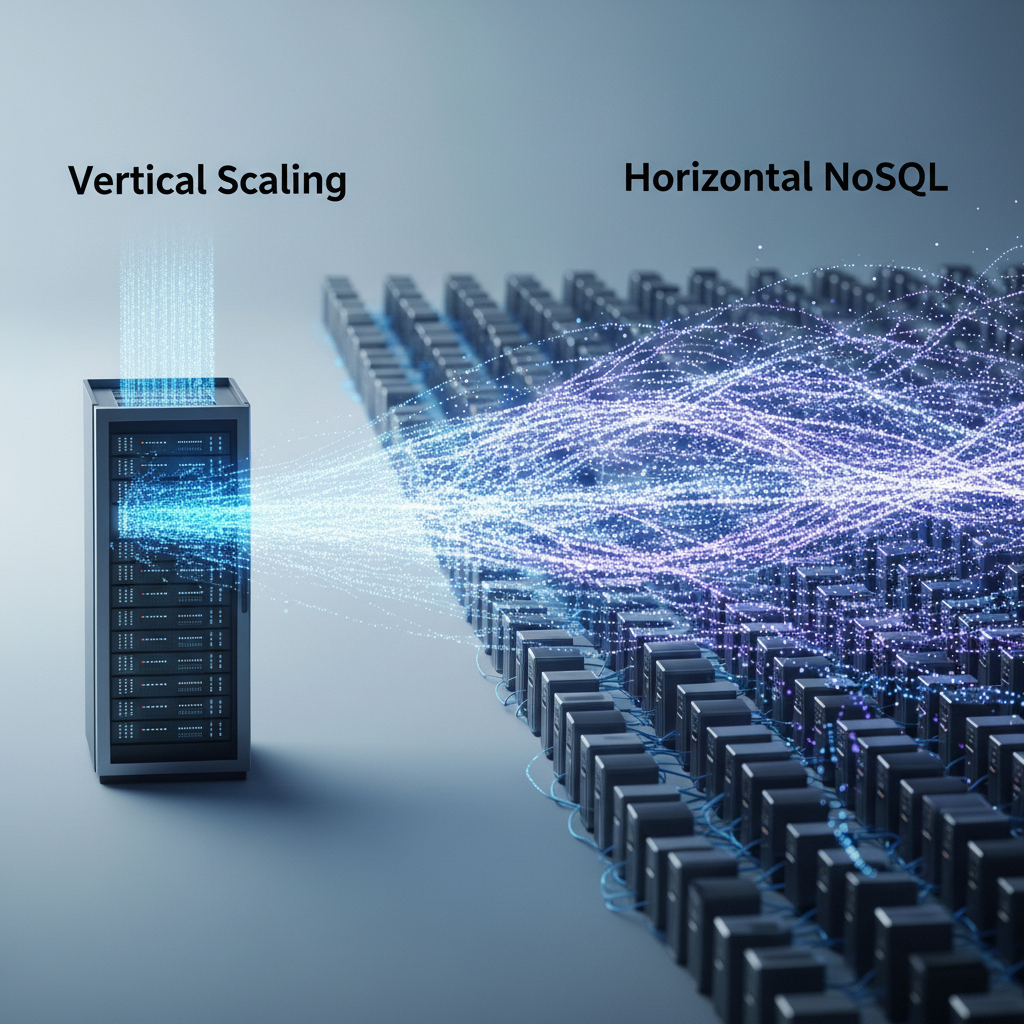NoSQL Nedir; dikey ölçeklendirme yerine çok sayıda sunucuya yayılan yatay ölçeklenebilirlik mimarisini kullanır