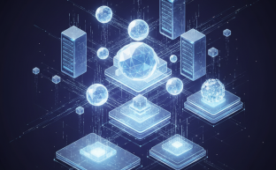 Abstract visualization of interconnected cloud server infrastructure and data networks
