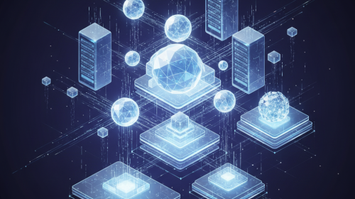 Abstract visualization of interconnected cloud server infrastructure and data networks
