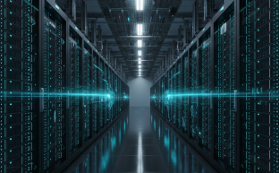Illuminated server racks inside a modern secure data center facility