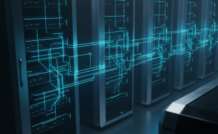 Abstract visualization of modern database server infrastructure and data storage