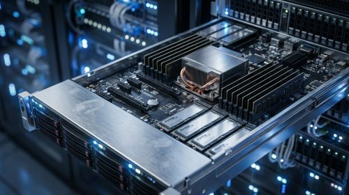 Bir veri merkezinde bulunan, işlemci, RAM ve SSD gibi iç donanım bileşenleri görünen, rafa monte edilmiş tek bir fiziksel sunucunun fotogerçekçi ve detaylı yakın çekim görüntüsü.