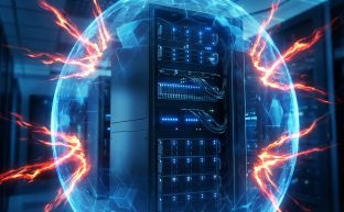Modern bir veri merkezinde, sunucuları gelen kırmızı renkli soyut siber saldırılara karşı koruyan, parlayan mavi bir dijital güvenlik duvarı (firewall) kalkanının yakın çekim görüntüsü.