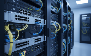 Modern server rack containing network switches and structured cabling systems