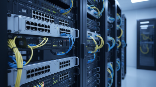Modern server rack containing network switches and structured cabling systems