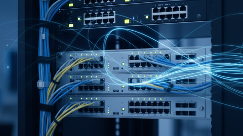 Modern network switch hardware installed in a server rack with cabling